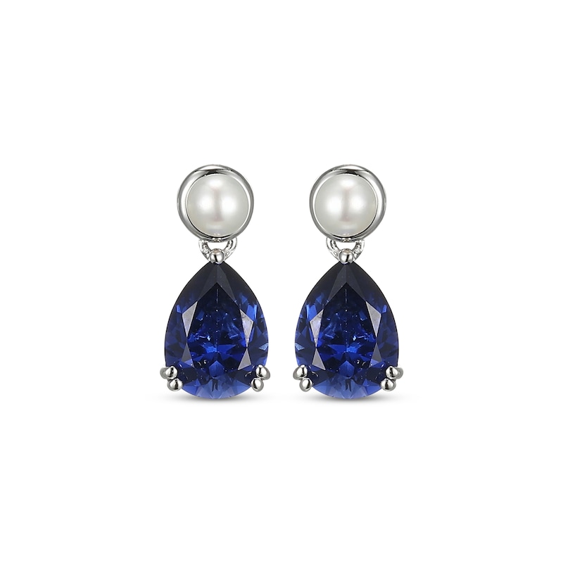 Pear-Shaped Blue Lab-Created Sapphire & Cultured Pearl Drop Earrings Sterling Silver