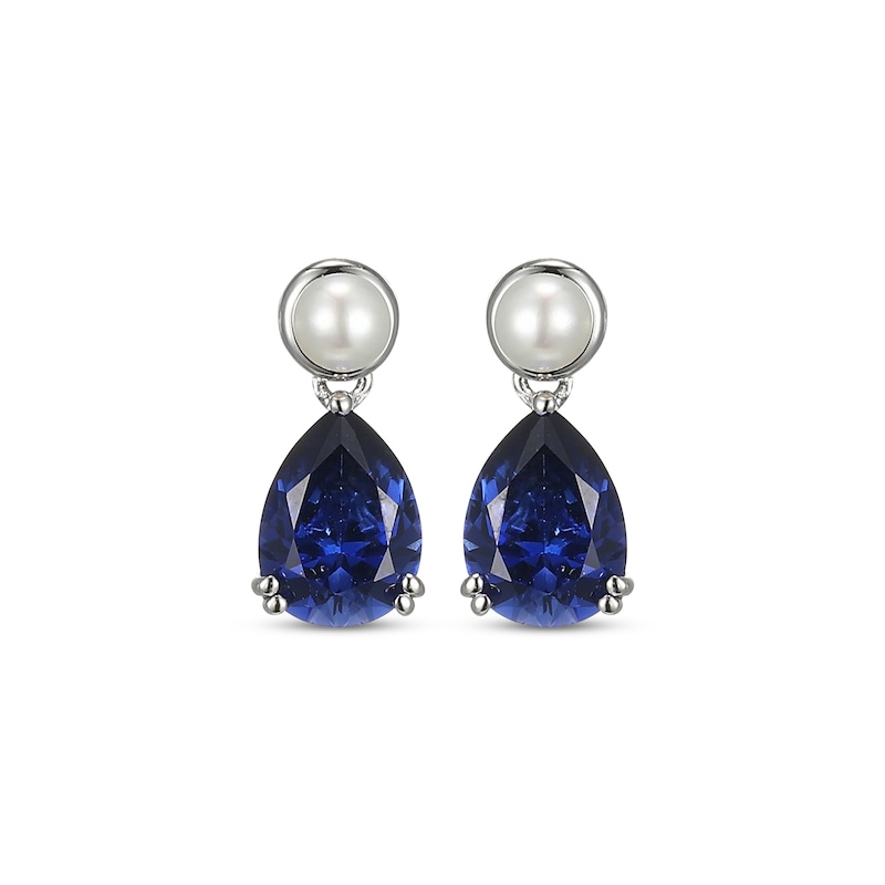 Pear-Shaped Blue Lab-Created Sapphire & Cultured Pearl Drop Earrings Sterling Silver