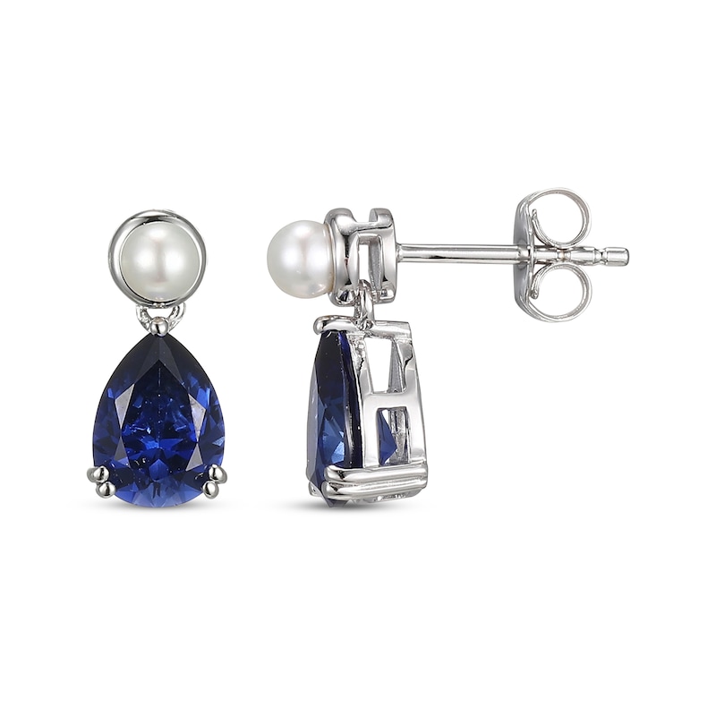 Pear-Shaped Blue Lab-Created Sapphire & Cultured Pearl Drop Earrings Sterling Silver