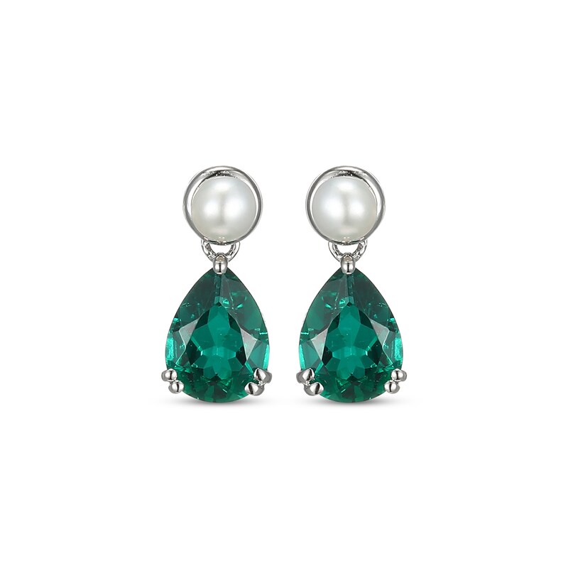 Main Image 2 of Pear-Shaped Lab-Created Emerald & Cultured Pearl Drop Earrings Sterling Silver