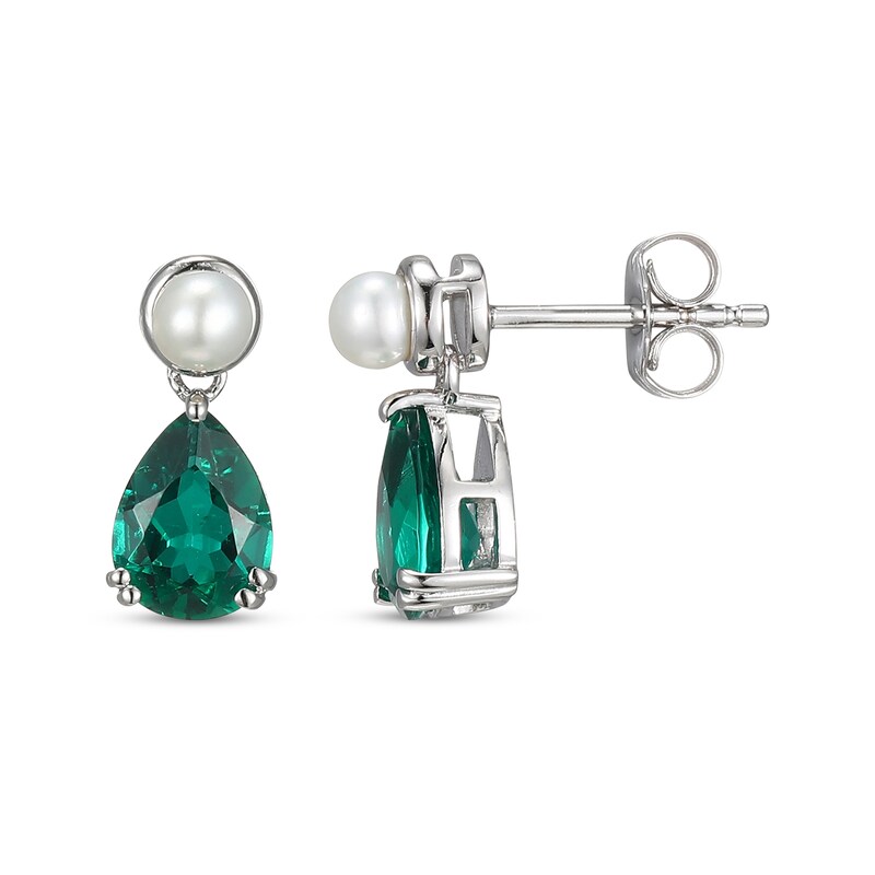 Main Image 3 of Pear-Shaped Lab-Created Emerald & Cultured Pearl Drop Earrings Sterling Silver
