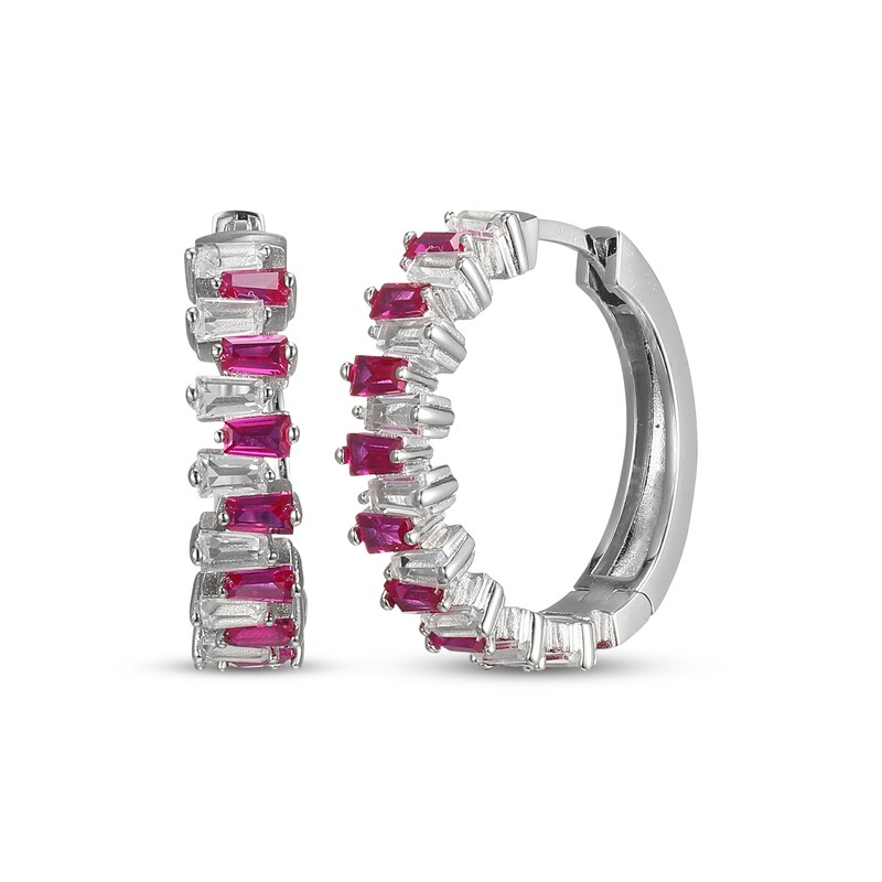 Main Image 1 of Baguette-Cut Lab-Created Ruby & White Lab-Created Sapphire Stagger Hoop Earrings Sterling Silver