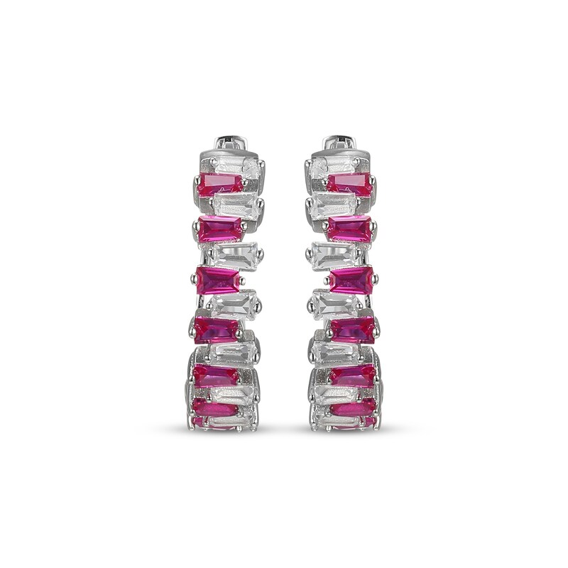 Main Image 2 of Baguette-Cut Lab-Created Ruby & White Lab-Created Sapphire Stagger Hoop Earrings Sterling Silver