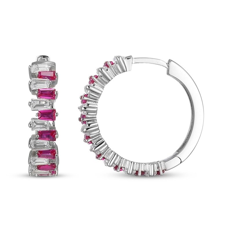 Main Image 3 of Baguette-Cut Lab-Created Ruby & White Lab-Created Sapphire Stagger Hoop Earrings Sterling Silver