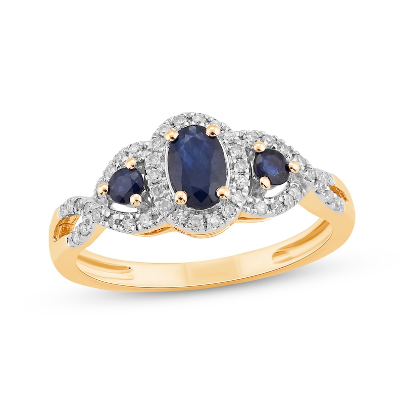 Main Image 1 of Oval-Cut Blue Sapphire & Diamond Three-Stone Ring 1/6 ct tw 10K Yellow Gold