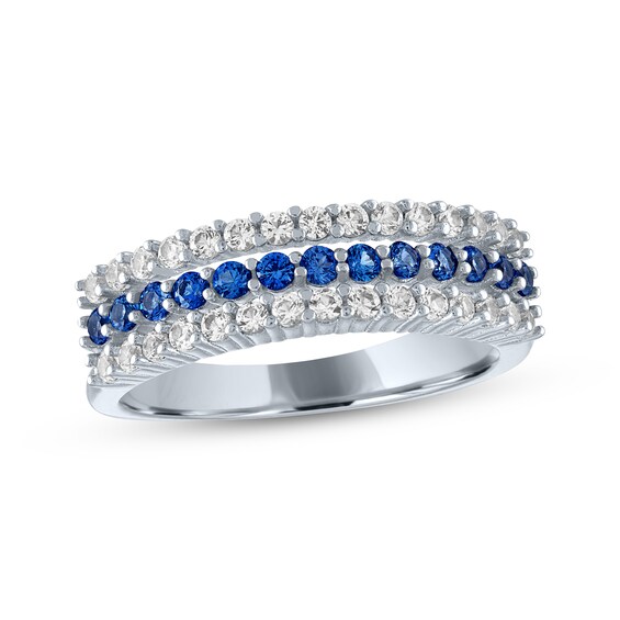 Blue & White Lab-Created Sapphire Three-Row Ring Sterling Silver