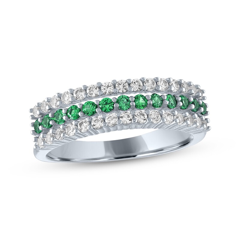 Main Image 1 of Lab-Created Emerald & White Lab-Created Sapphire Three-Row Ring Sterling Silver
