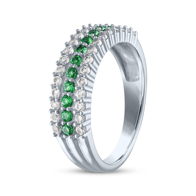 Main Image 2 of Lab-Created Emerald & White Lab-Created Sapphire Three-Row Ring Sterling Silver