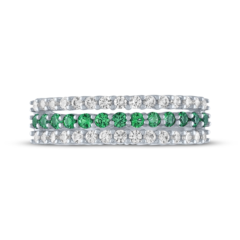 Main Image 3 of Lab-Created Emerald & White Lab-Created Sapphire Three-Row Ring Sterling Silver