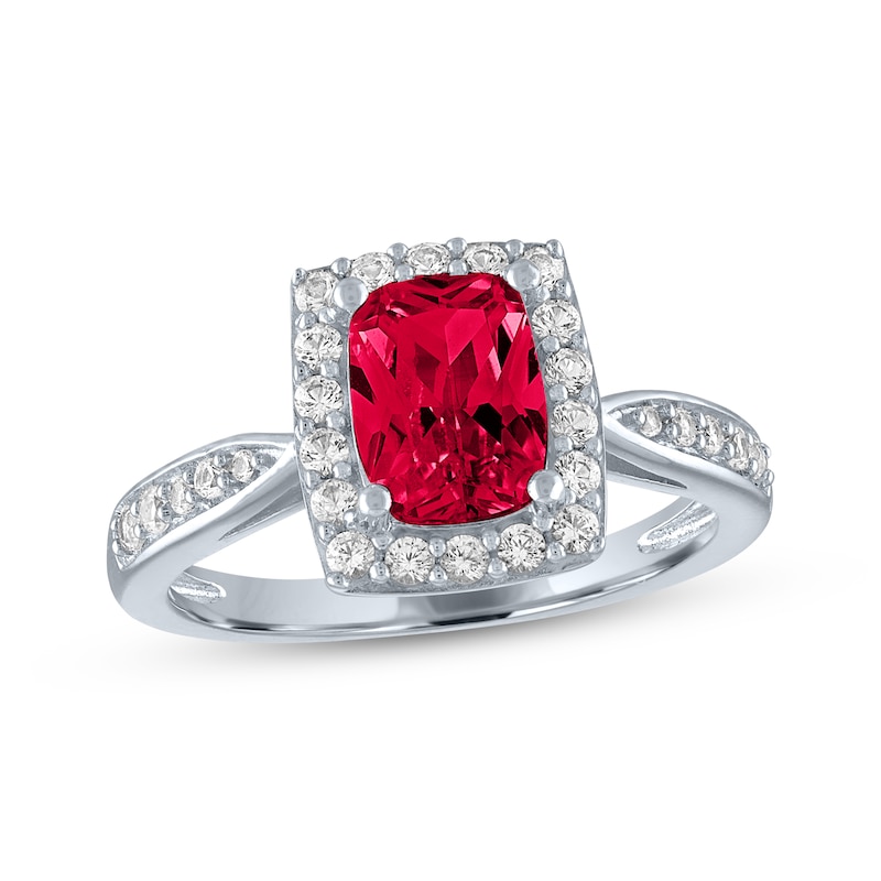Main Image 1 of Cushion-Cut Lab-Created Ruby & White Lab-Created Sapphire Ring Sterling Silver