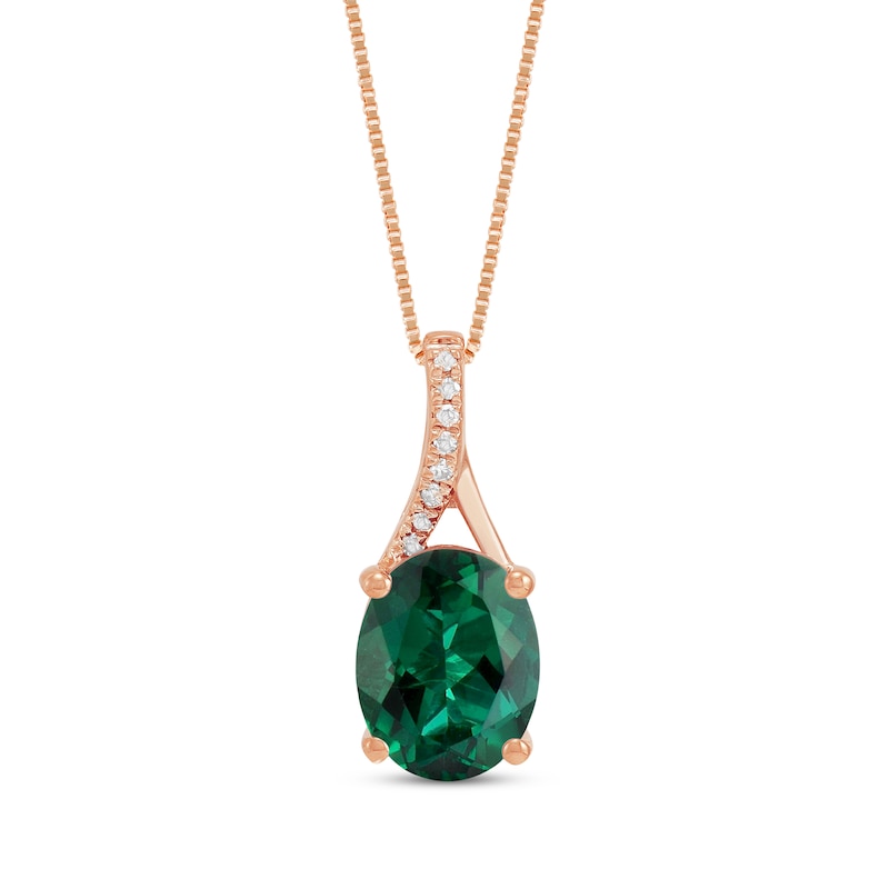 Main Image 1 of Oval-Cut Lab-Created Emerald & Diamond Accent Necklace 10K Rose Gold 18"