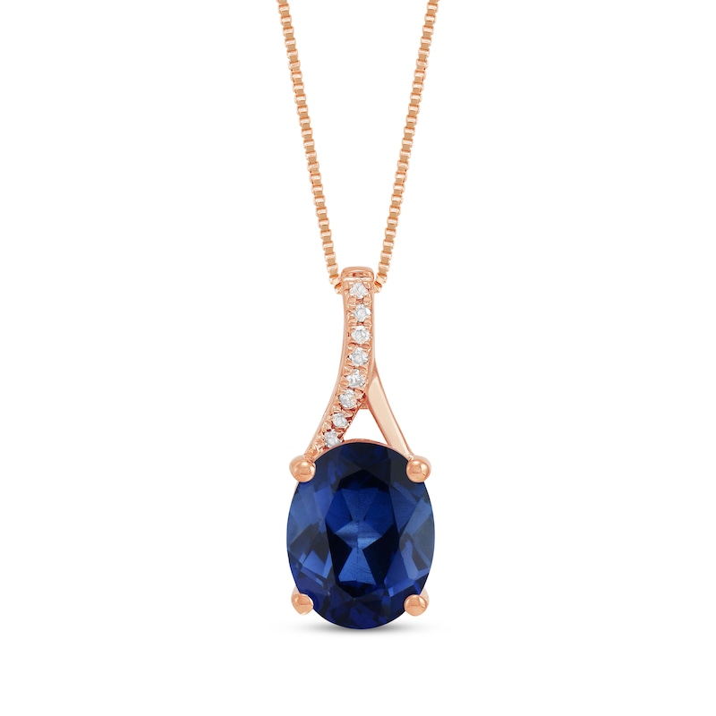 Main Image 1 of Oval-Cut Blue Lab-Created Sapphire & Diamond Accent Necklace 10K Rose Gold 18"
