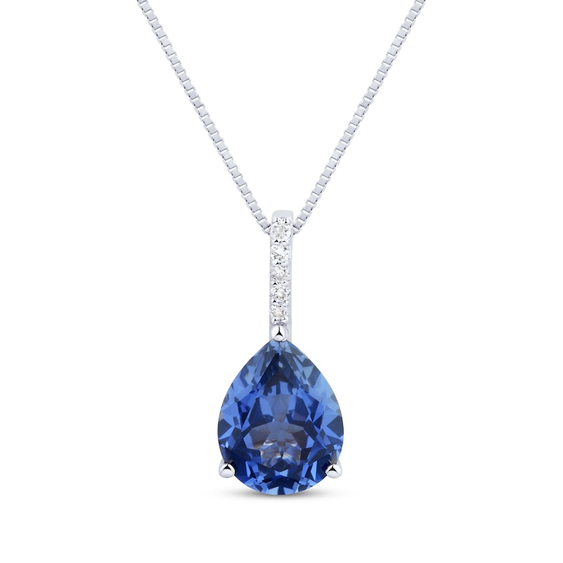 Main Image 1 of Pear-Shaped Blue Lab-Created Sapphire & Diamond Accent Necklace 10K White Gold 18"