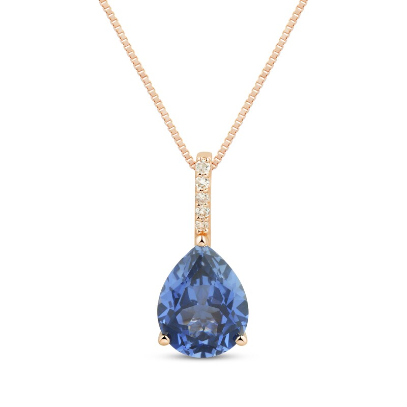 Main Image 1 of Pear-Shaped Blue Lab-Created Sapphire & Diamond Accent Necklace 10K Rose Gold 18"