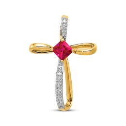 Square-Cut Lab-Created Ruby & Diamond Accent Cross Charm 14K Yellow Gold