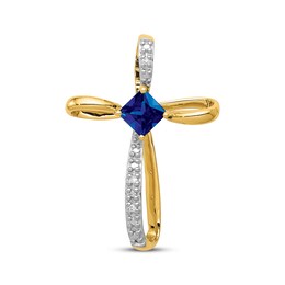 Square-Cut Blue Lab-Created Sapphire & Diamond Accent Cross Charm 14K Yellow Gold