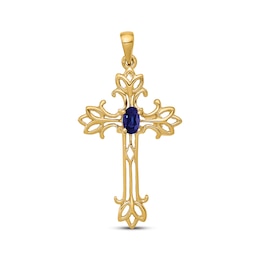 Oval-Cut Blue Sapphire Cross Charm 14K Yellow Gold