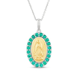 Lab-Created Emerald Our Lady of Guadalupe Necklace 14K Yellow Gold & Sterling Silver 18"