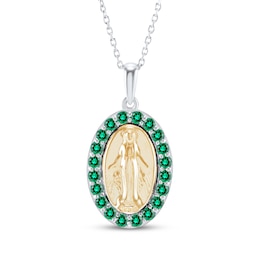 Lab-Created Emerald Virgin Mary Necklace Sterling Silver & 14K Yellow Gold 18"