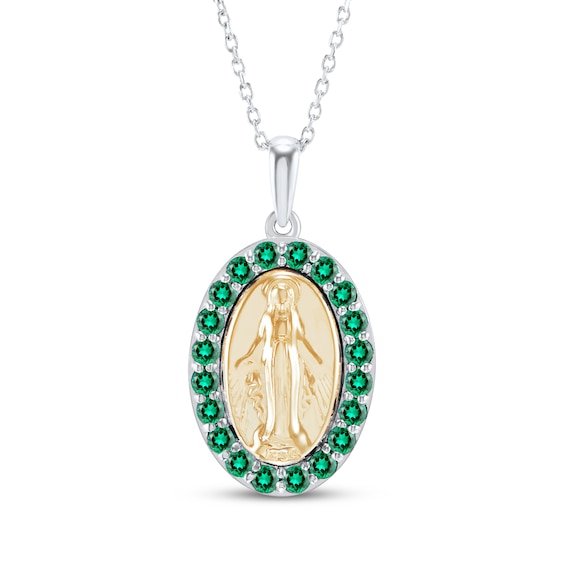 Lab-Created Emerald Virgin Mary Necklace Sterling Silver & 14K Yellow Gold 18"