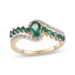 Oval & Round-Cut Lab-Created Emerald & White Lab-Created Sapphire Bypass Ring 14K Yellow Gold