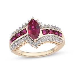 Marquise & Square-Cut Lab-Created Ruby & White Lab-Created Sapphire Ring 14K Yellow Gold