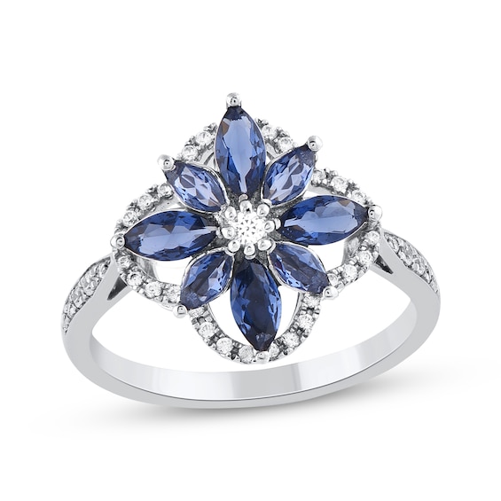 Marquise-Cut Blue Lab-Created Sapphire & Diamond Arabesque Flower Ring 1/5 ct tw 10K White Gold