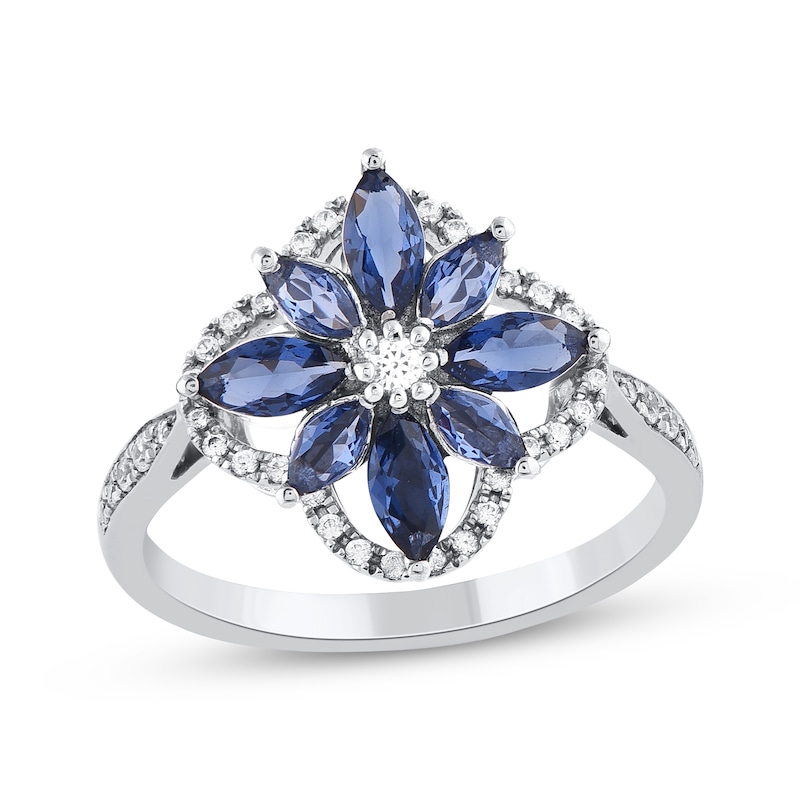 Main Image 1 of Marquise-Cut Blue Lab-Created Sapphire & Diamond Arabesque Flower Ring 1/5 ct tw 10K White Gold