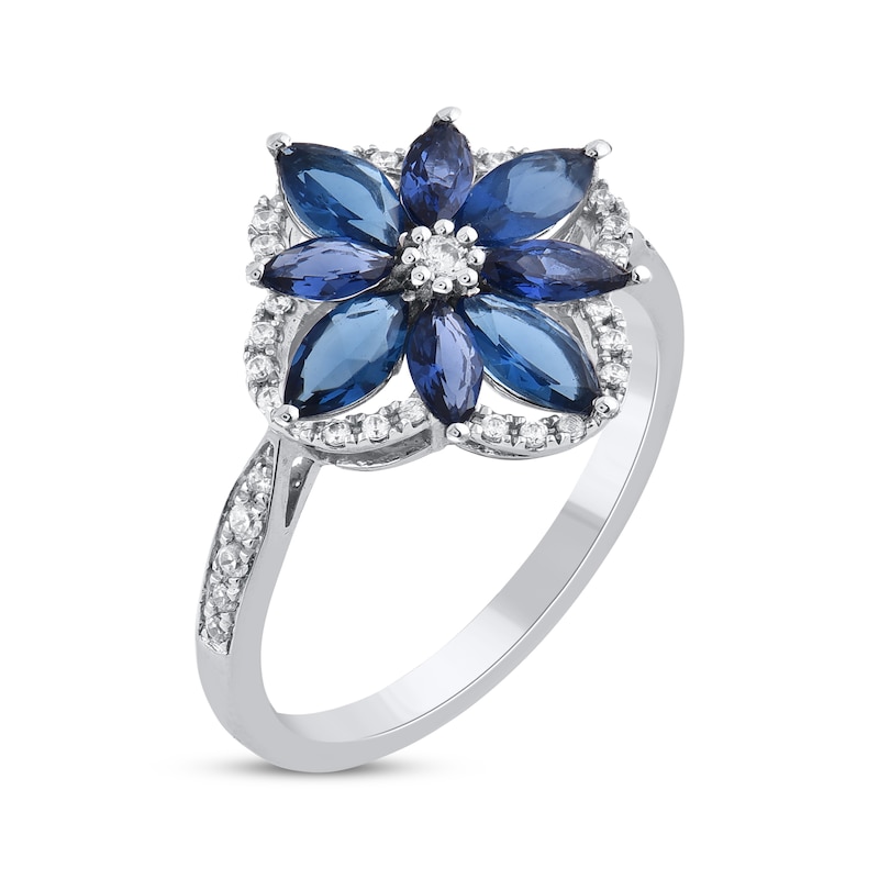 Main Image 2 of Marquise-Cut Blue Lab-Created Sapphire & Diamond Arabesque Flower Ring 1/5 ct tw 10K White Gold