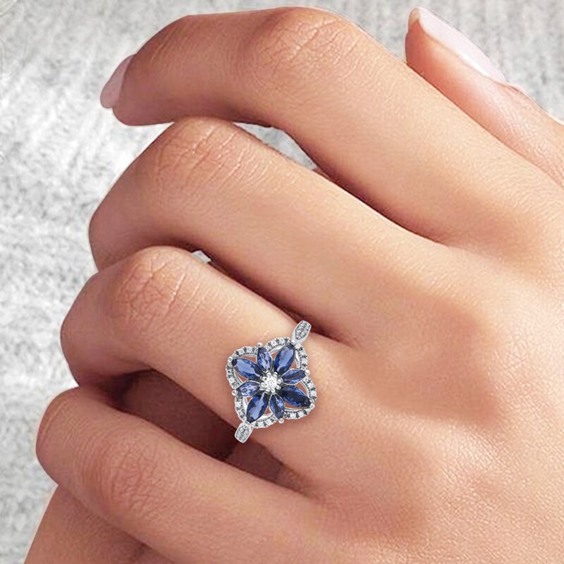 Main Image 4 of Marquise-Cut Blue Lab-Created Sapphire & Diamond Arabesque Flower Ring 1/5 ct tw 10K White Gold