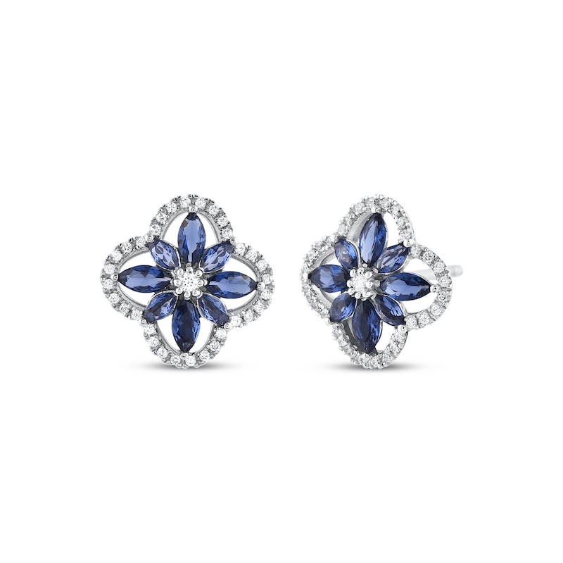Main Image 1 of Marquise-Cut Blue Lab-Created Sapphire & Diamond Arabesque Flower Stud Earrings 1/5 ct tw 10K White Gold