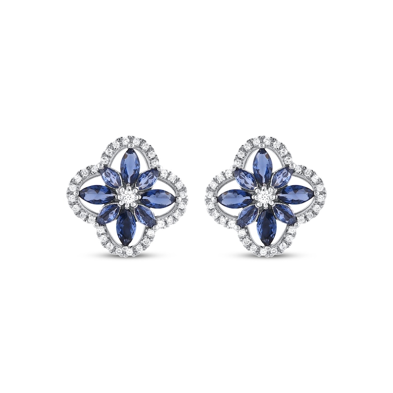 Main Image 2 of Marquise-Cut Blue Lab-Created Sapphire & Diamond Arabesque Flower Stud Earrings 1/5 ct tw 10K White Gold