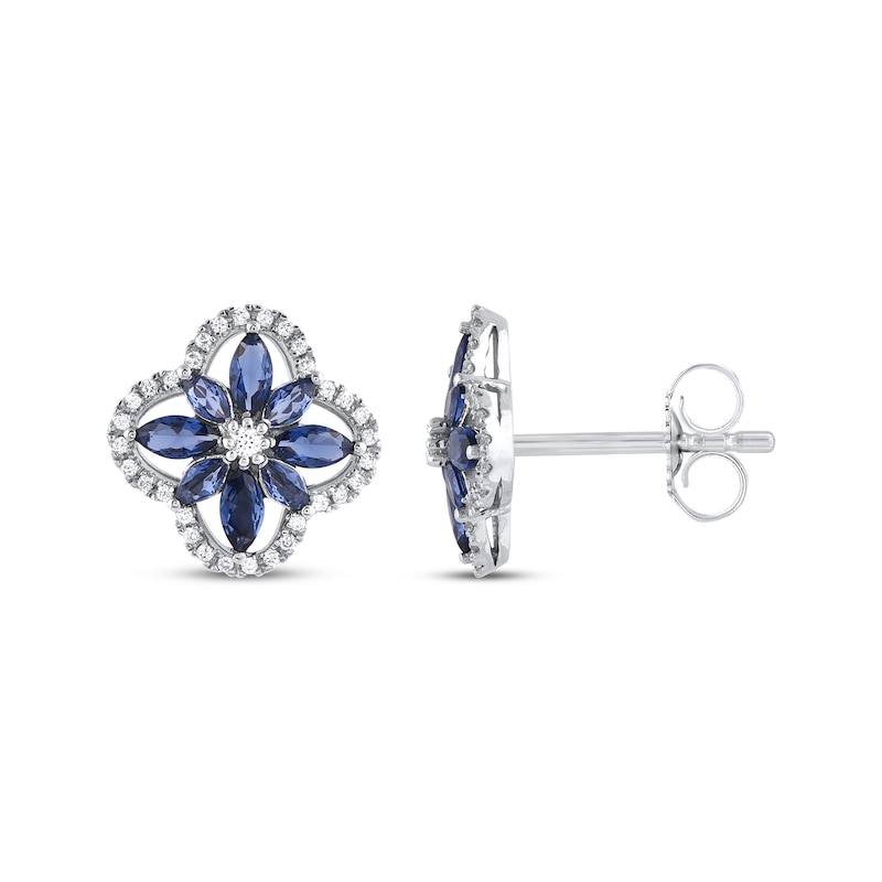 Main Image 3 of Marquise-Cut Blue Lab-Created Sapphire & Diamond Arabesque Flower Stud Earrings 1/5 ct tw 10K White Gold