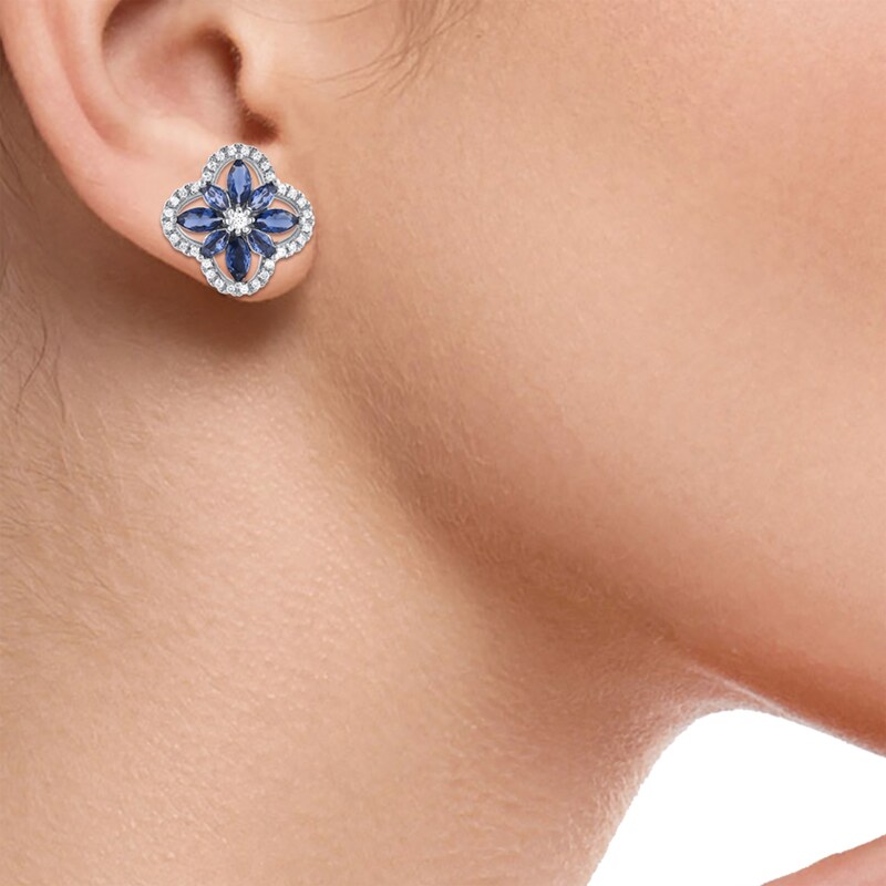 Main Image 4 of Marquise-Cut Blue Lab-Created Sapphire & Diamond Arabesque Flower Stud Earrings 1/5 ct tw 10K White Gold