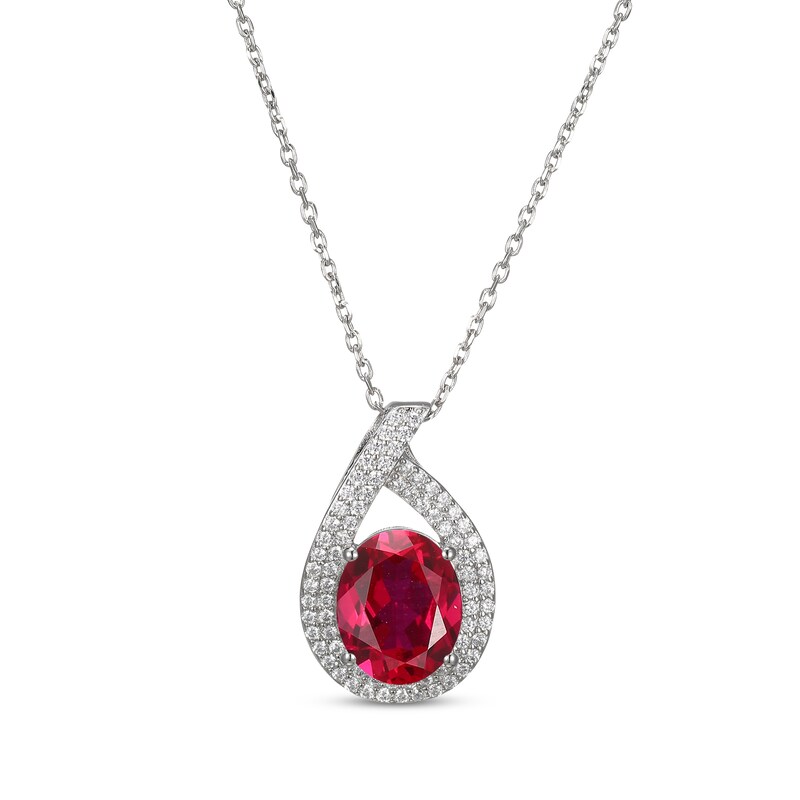 Main Image 1 of Oval-Cut Lab-Created Ruby & White Lab-Created Sapphire Teardrop Necklace Sterling Silver 18"