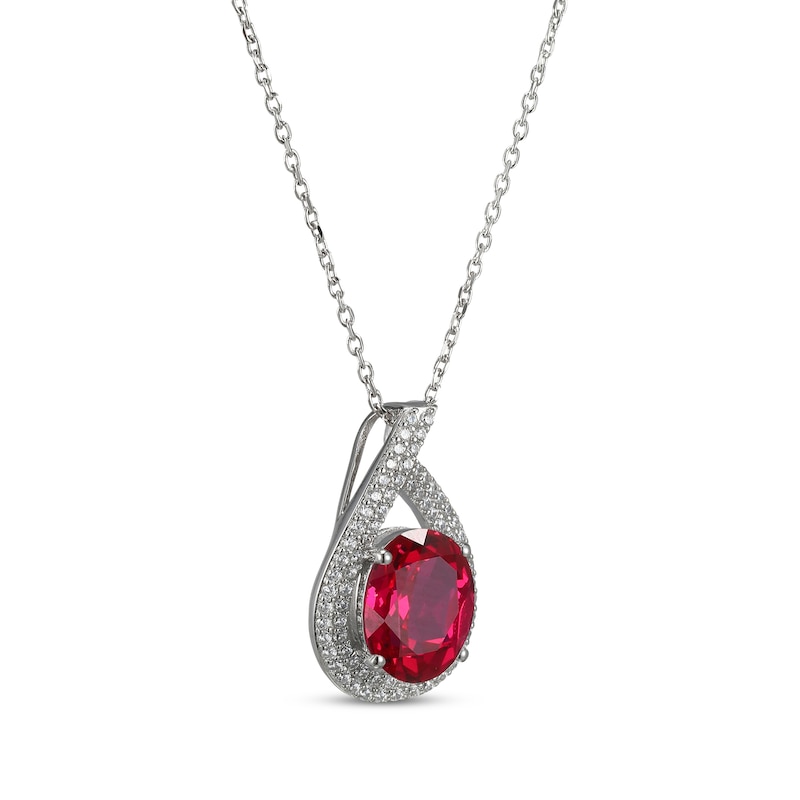 Main Image 2 of Oval-Cut Lab-Created Ruby & White Lab-Created Sapphire Teardrop Necklace Sterling Silver 18"