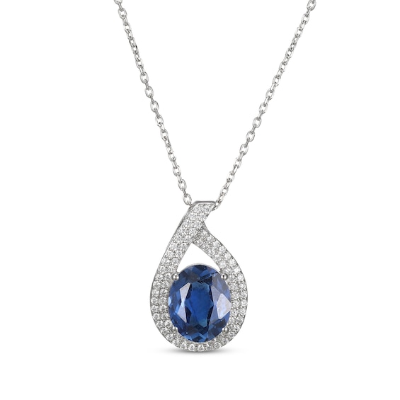 Oval-Cut Blue Lab-Created Sapphire & White Lab-Created Sapphire Teardrop Necklace Sterling Silver 18"