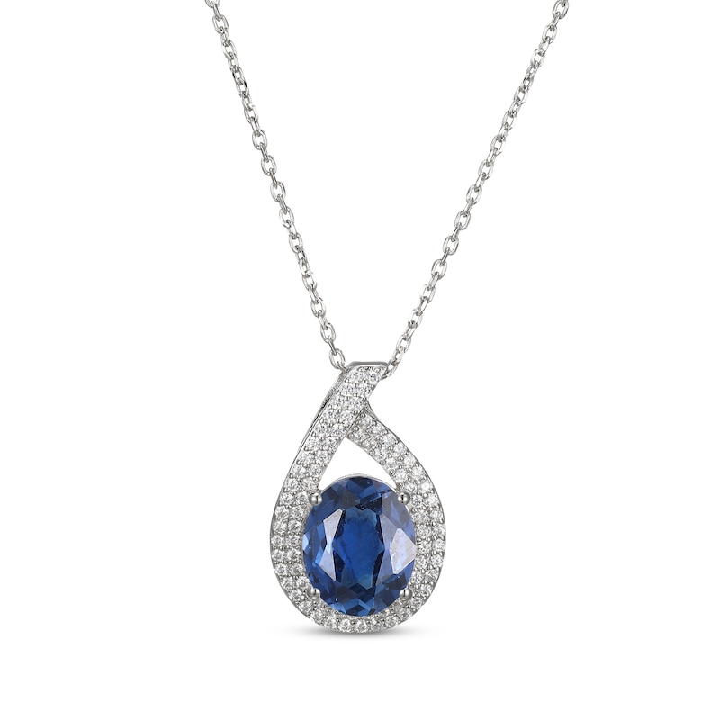 Main Image 1 of Oval-Cut Blue Lab-Created Sapphire & White Lab-Created Sapphire Teardrop Necklace Sterling Silver 18"