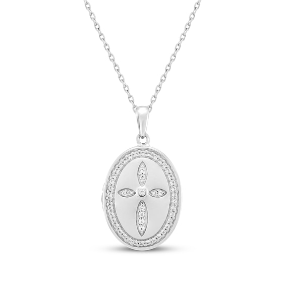 White Lab-Created Sapphire Oval Cross Locket Necklace Sterling Silver 18"