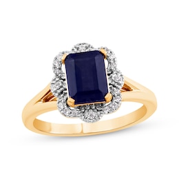 Octagon-Cut Blue Lab-Created Sapphire & Diamond Scalloped Frame Ring 1/10 ct tw 10K Yellow Gold