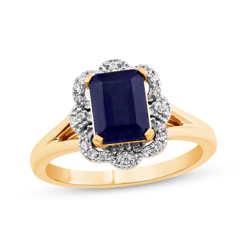 Main Image 1 of Octagon-Cut Blue Lab-Created Sapphire & Diamond Scalloped Frame Ring 1/10 ct tw 10K Yellow Gold