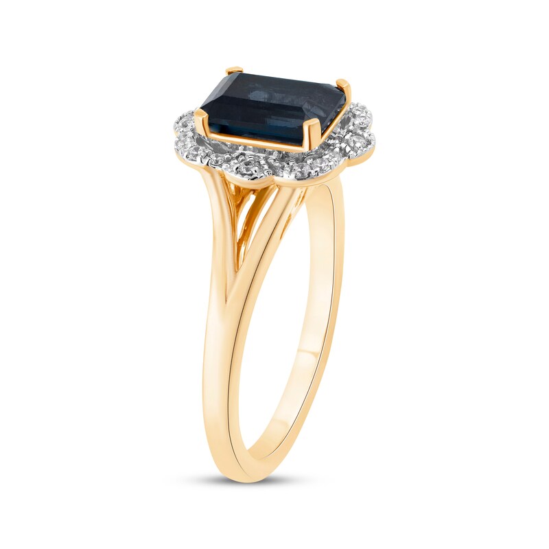Main Image 2 of Octagon-Cut Blue Lab-Created Sapphire & Diamond Scalloped Frame Ring 1/10 ct tw 10K Yellow Gold