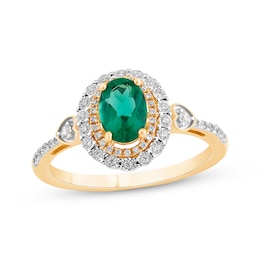 Oval-Cut Emerald & Diamond Halo Ring 1/5 ct tw 10K Yellow Gold