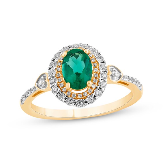 Oval-Cut Emerald & Diamond Halo Ring 1/5 ct tw 10K Yellow Gold