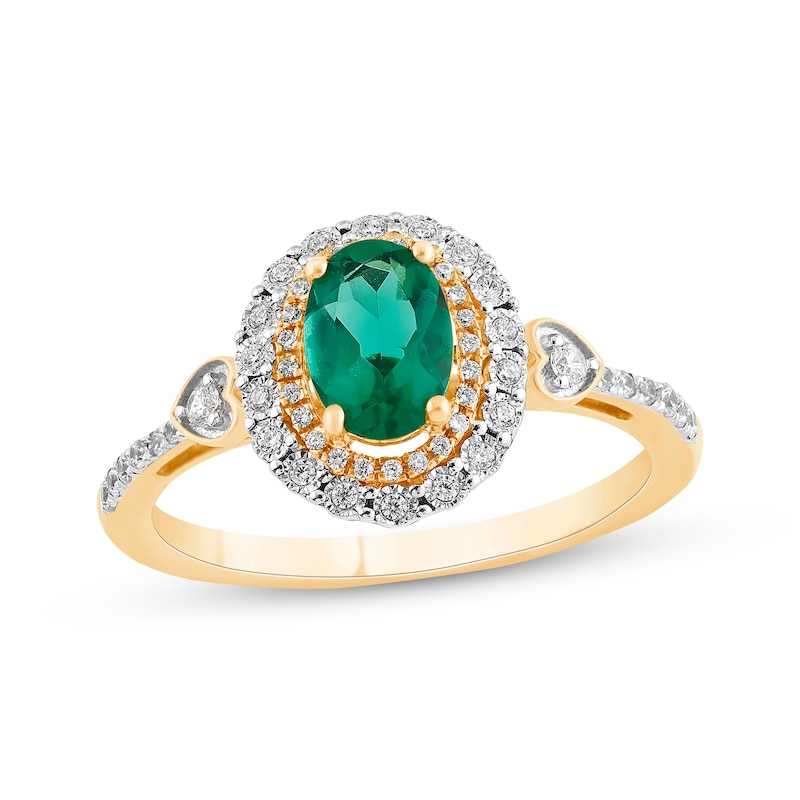 Main Image 1 of Oval-Cut Emerald & Diamond Halo Ring 1/5 ct tw 10K Yellow Gold