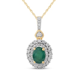 Oval-Cut Emerald & Diamond Halo Necklace 1/6 ct tw 10K Yellow Gold 18"
