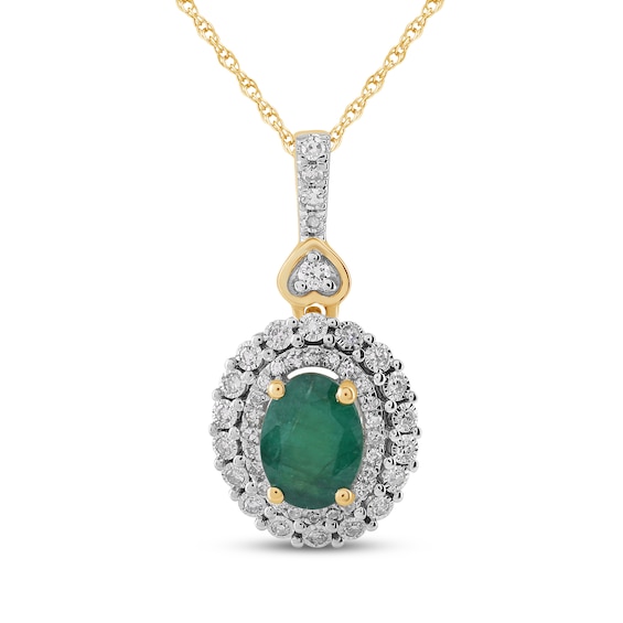 Oval-Cut Emerald & Diamond Halo Necklace 1/6 ct tw 10K Yellow Gold 18"