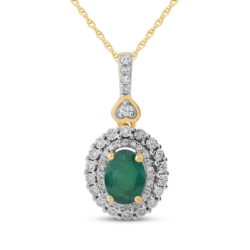 Main Image 1 of Oval-Cut Emerald & Diamond Halo Necklace 1/6 ct tw 10K Yellow Gold 18"