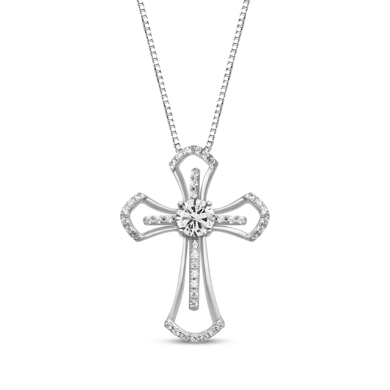 Main Image 1 of White Lab-Created Sapphire Cross Necklace Sterling Silver 18"