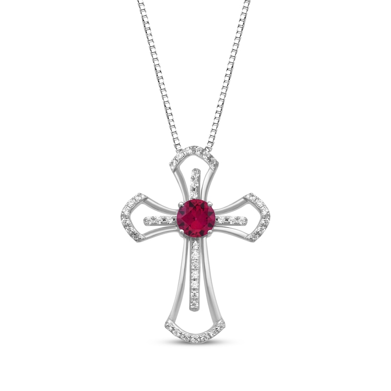 Main Image 1 of Lab-Created Ruby & White Lab-Created Sapphire Cross Necklace Sterling Silver 18"